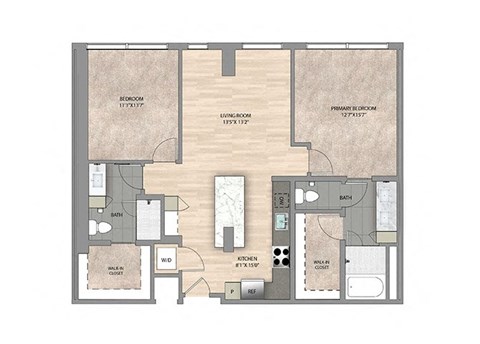 Floor plan for 2 beds, 2 baths, 1237 sqft